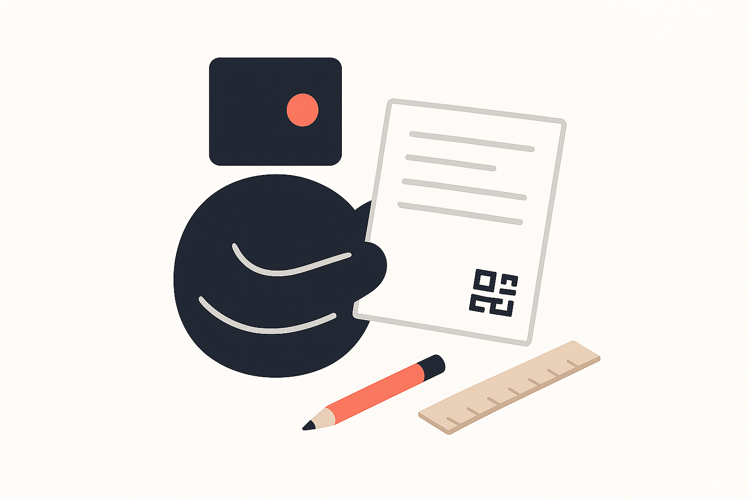 Abstract geometric agent figure holding a printed A4 page next to a wooden ruler and pencil.