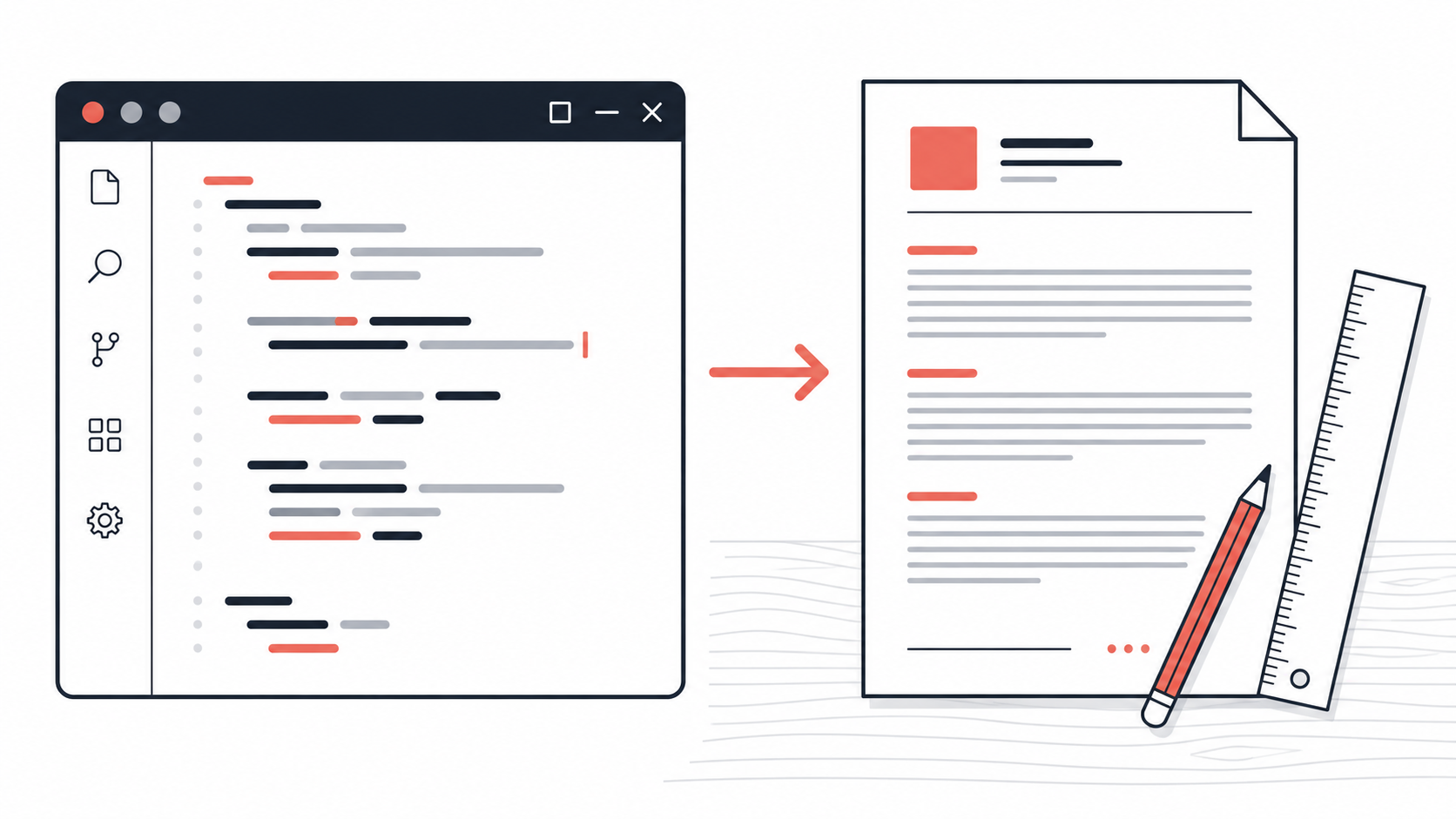 C# code on the left transforming into a printed PDF on the right with ruler and pencil overlay.