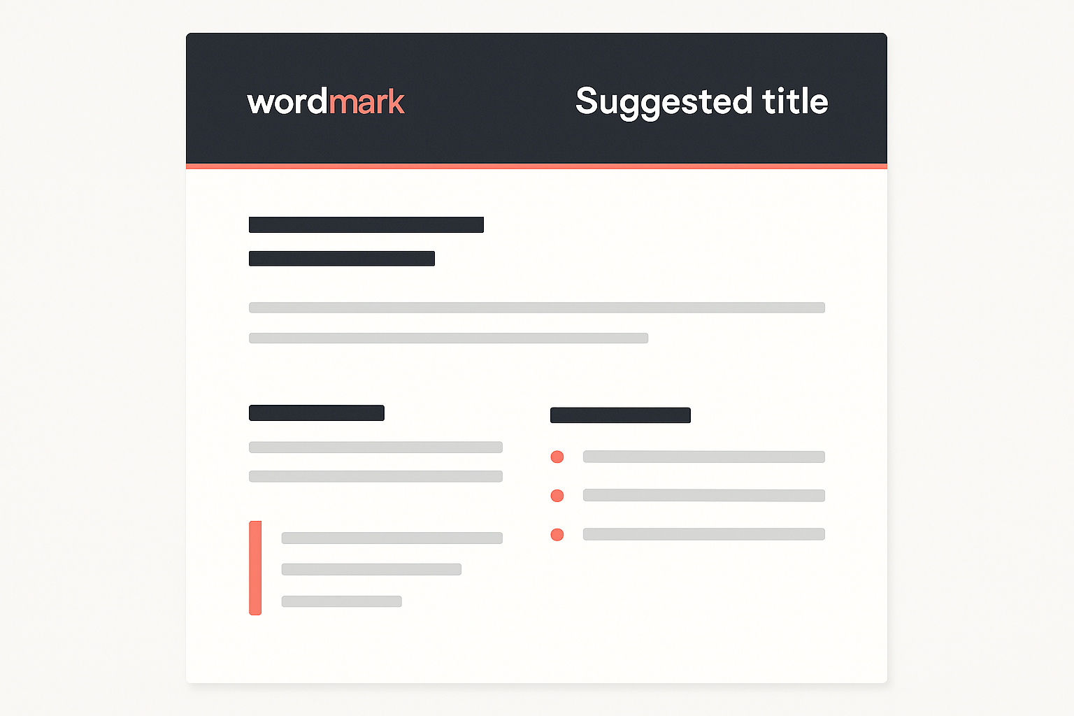 A4 page split into a dark brand header band on top and a clean Markdown body with stylised paragraphs and a coral block-quote bar.